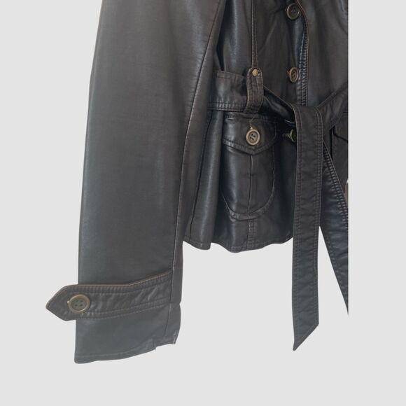 Cato Black Brown Belted Faux Leather Jacket Women's Small Button Lined Tie Belt - Picture 3 of 8